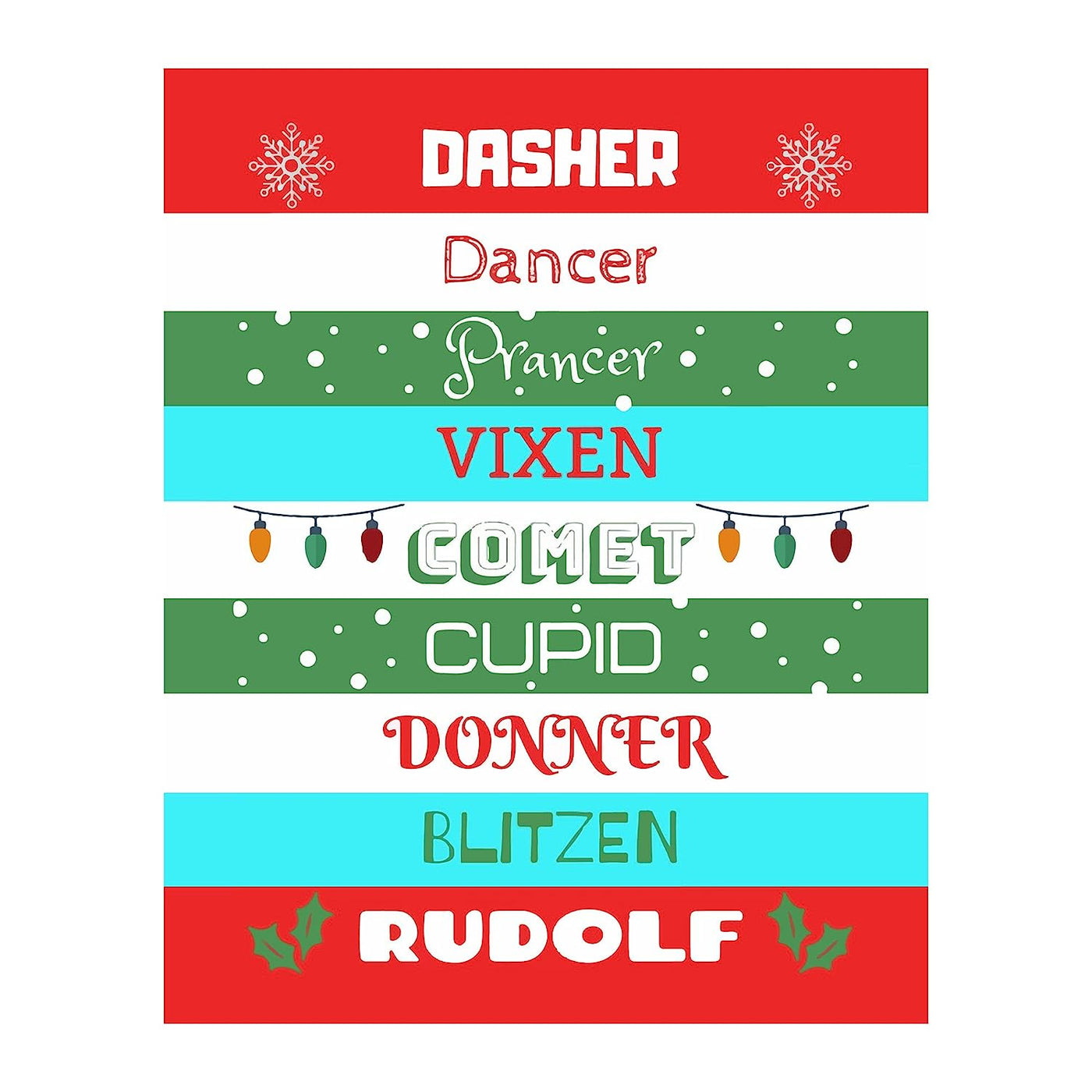 Dasher-Dancer-Prancer-Vixon Christmas Songs Wall Sign -11 x 14" Fun Holiday Art Print -Ready to Frame. Musical Home-Welcome-Kitchen-Farmhouse-Christian Decor. Festive Decoration and Great Gift!