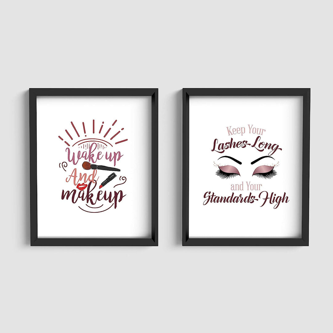 Wake Up &amp; Make Up &amp;"Keep Your Lashes Long-Standards High" Funny Bathroom Sign Set (2)- 8 x 10" Wall Art Prints-Ready to Frame. Home-Girls Bedroom-Bathroom Decor. Perfect Vanity-Salon Decorations!