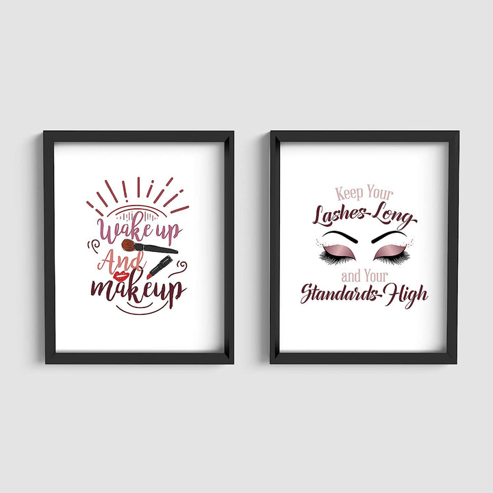 Wake Up &amp; Make Up &amp;"Keep Your Lashes Long-Standards High" Funny Bathroom Sign Set (2)- 8 x 10" Wall Art Prints-Ready to Frame. Home-Girls Bedroom-Bathroom Decor. Perfect Vanity-Salon Decorations!
