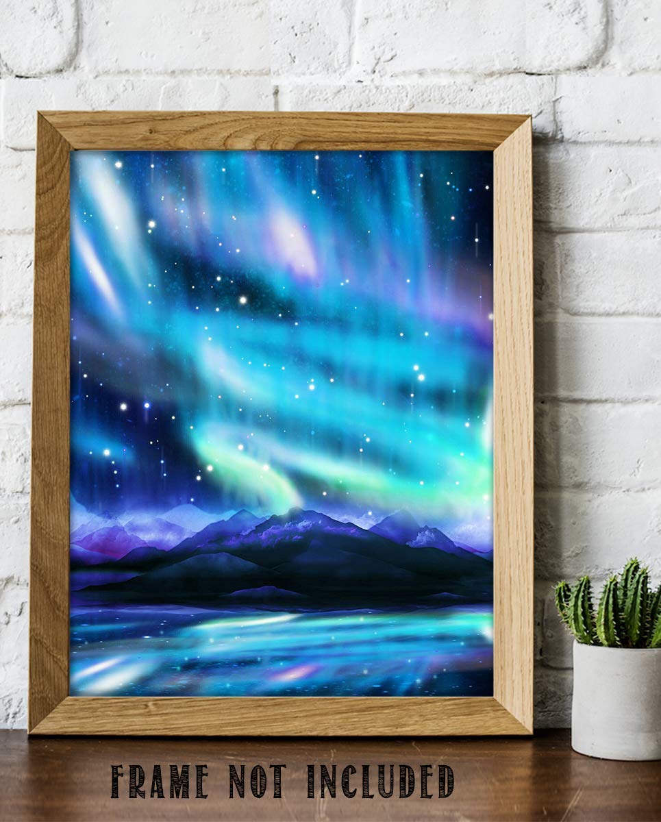 Northern Lights &amp; Stars Wall Art- Mountain View with Stars &amp; Aurora Borealis- 8 x 10" Wall Art Prints- Ready to Frame. Home D?cor, Office Decor &amp; Kids Bedroom Wall Decor. Beautiful Natural Art Print.
