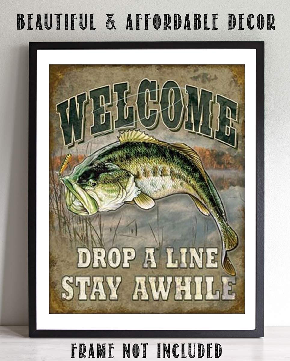 Welcome- Rustic Fishing Wall Print- 8 x 10" Distressed Art Print- Ready to Frame. Perfect Wall Decor for Home-Cabin-Lodge-Lake. Great Gift for Fishermen-Tellin Tall Tales. Printed on Photo Paper.