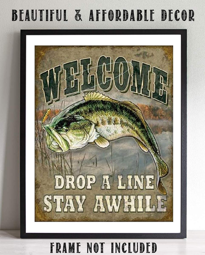 Welcome- Rustic Fishing Wall Print- 8 x 10" Distressed Art Print- Ready to Frame. Perfect Wall Decor for Home-Cabin-Lodge-Lake. Great Gift for Fishermen-Tellin Tall Tales. Printed on Photo Paper.
