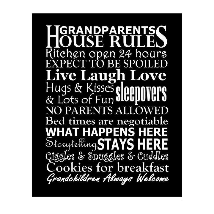 Grandparents-House Rules Family Wall Art -8 x 10" Funny Typographic Poster Print-Ready to Frame. Inspirational Home-Kitchen-Farmhouse Decor. Great Welcome Sign! Perfect Gift for Grandma &amp; Grandpa!