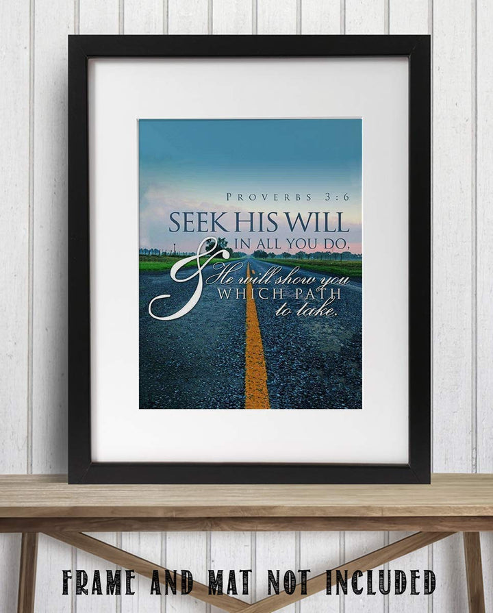 Seek His Will, He Will Show You Path Proverbs 3:6- Bible Verse Wall Art-8x10"- Modern Typographic Design Print. Scripture Poster Print-Ready to Frame. Home-Office-Church D?cor. Great Christian Gift.