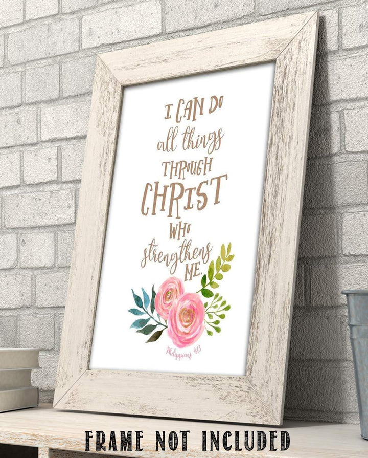 I Can Do ALL Things Thru Christ Philippians 4:13- Bible Verse Wall Art- 8x10"- Scripture Wall Print-Ready to Frame. Modern Floral Design. Home Decor-Office D?cor-Christian Gifts. God Gives Us Power!