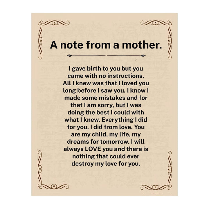 A Note From A Mother Inspirational Wall Art Sign -8x10" Vintage Typographic Poster Print-Ready to Frame. Perfect Loving Decor for Home-Nursery-Office-Clinic. Heartfelt Keepsake for All Moms!