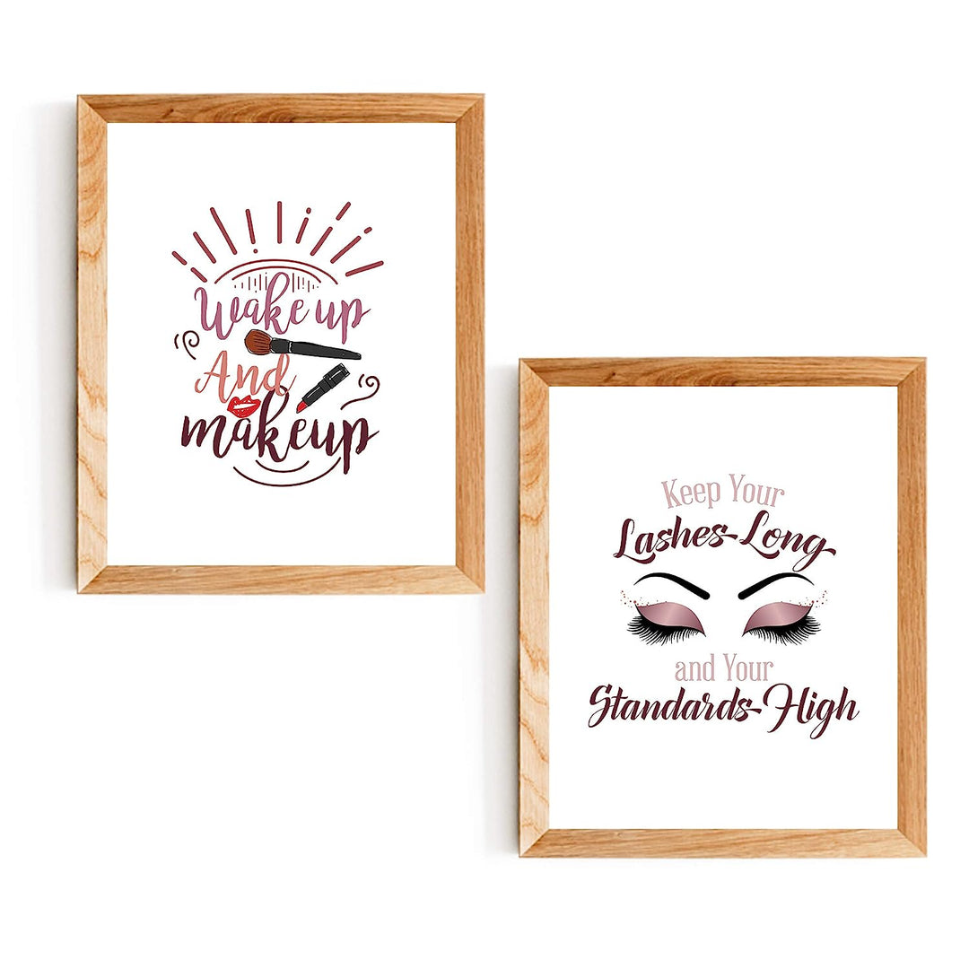 Wake Up &amp; Make Up &amp;"Keep Your Lashes Long-Standards High" Funny Bathroom Sign Set (2)- 8 x 10" Wall Art Prints-Ready to Frame. Home-Girls Bedroom-Bathroom Decor. Perfect Vanity-Salon Decorations!