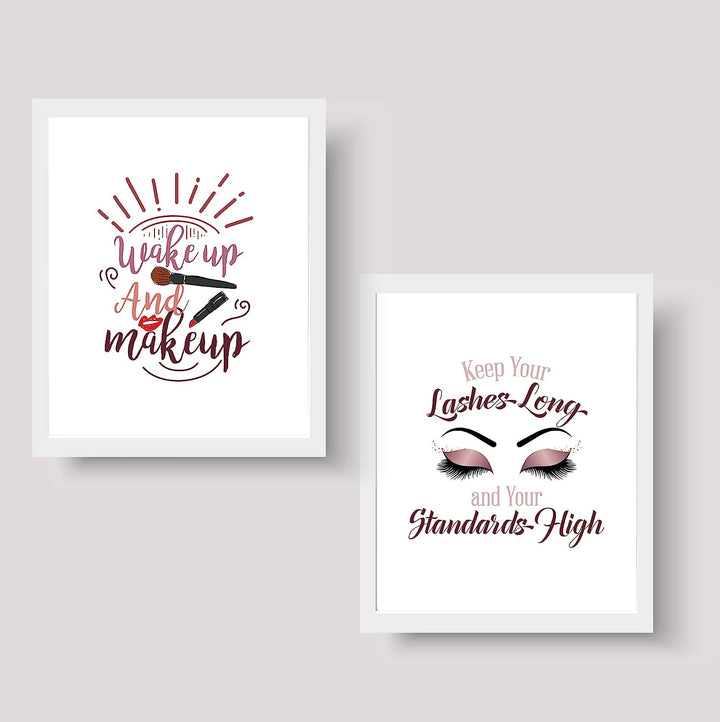 Wake Up &amp; Make Up &amp;"Keep Your Lashes Long-Standards High" Funny Bathroom Sign Set (2)- 8 x 10" Wall Art Prints-Ready to Frame. Home-Girls Bedroom-Bathroom Decor. Perfect Vanity-Salon Decorations!