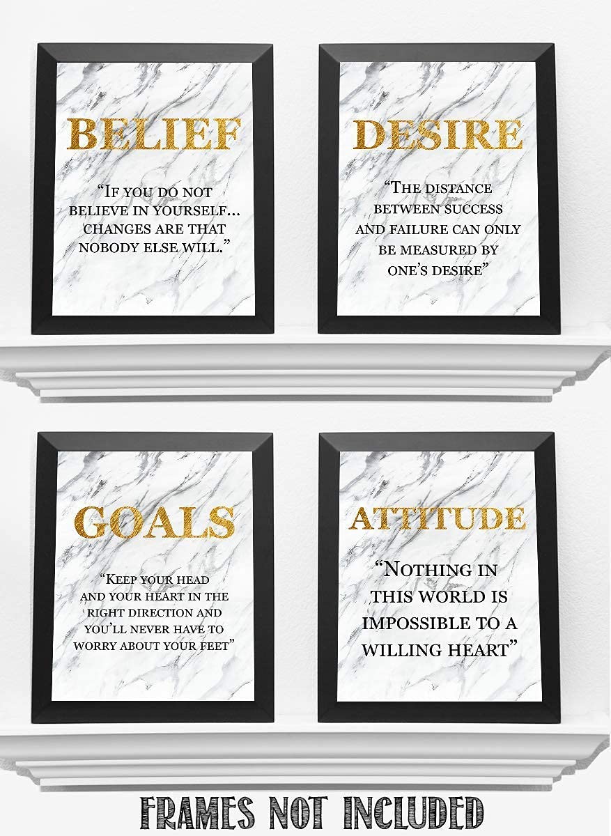 Success Traits &amp; Quotes Wall Art-4 Print Set-8 x 10"s Motivational Art Wall Prints-Ready to Frame. DESIRE-BELIEF-GOALS-ATTITUDE. Gold &amp; Granite Design-Home, Class &amp; Office D?cor. Grad-Executive Gift.