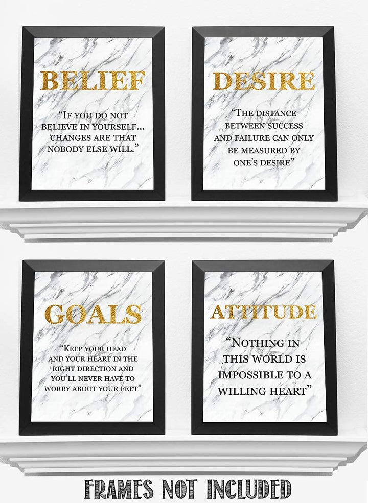 Success Traits &amp; Quotes Wall Art-4 Print Set-8 x 10"s Motivational Art Wall Prints-Ready to Frame. DESIRE-BELIEF-GOALS-ATTITUDE. Gold &amp; Granite Design-Home, Class &amp; Office D?cor. Grad-Executive Gift.