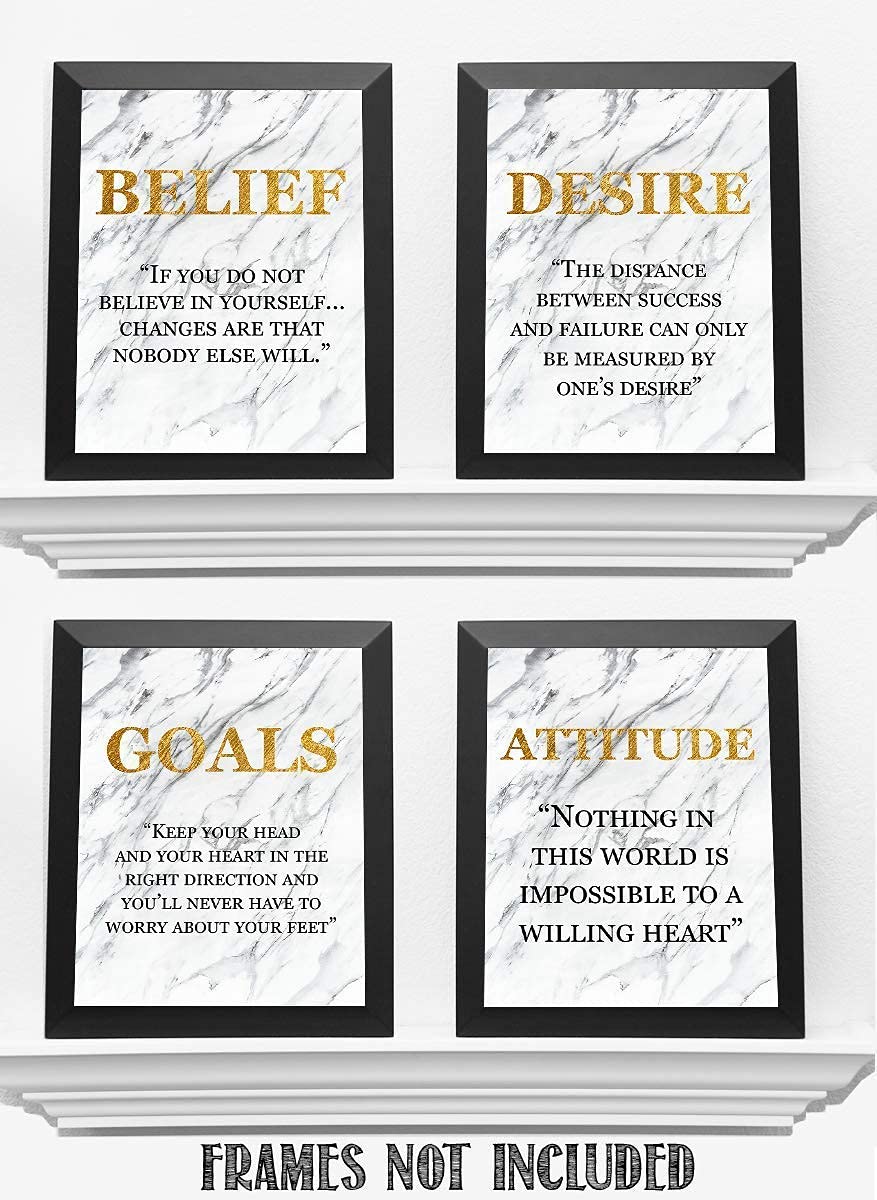 Success Traits & Quotes Wall Art-4 Print Set-8 x 10"s Motivational Art Wall Prints-Ready to Frame. DESIRE-BELIEF-GOALS-ATTITUDE. Gold & Granite Design-Home, Class & Office D?cor. Grad-Executive Gift.