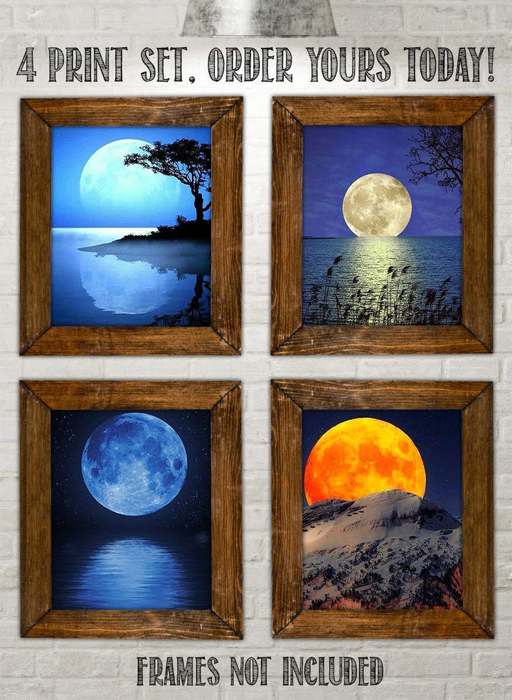 Blue Moons Rising- 4 Prints Set- 8 x 10"s Wall Art- Ready to Frame. Home D?cor, Office D?cor &amp; Wall Print. New Moon Pictures is Perfect Art for Any Room. Inspiration Gift for Nature &amp; Astronomy Lovers