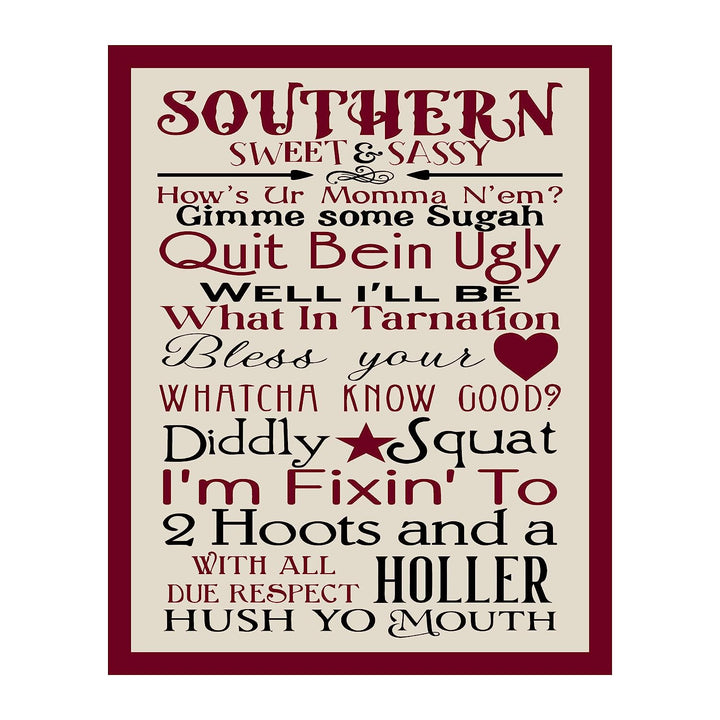 Southern-Sweet &amp; Sassy Country Rustic Wall Art-11 x 14" Decorative Farmhouse Print -Ready to Frame. Chic Decoration for Home-Office-Studio Decor. Perfect Welcome Sign! Great Gift for Southerners!