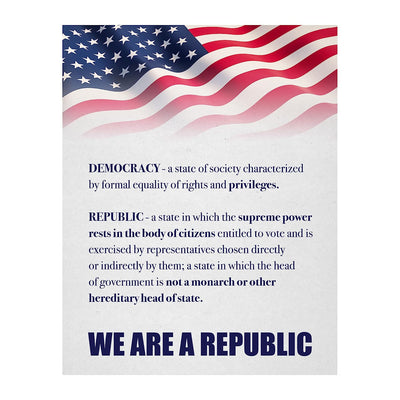 We Are A Republic Patriotic Poster Print -11 x 14" Wall Art Sign-Ready to Frame. Distressed Parchment Replica w/American Flag. Perfect Decor for Home-Office-School-Library. Knowledge on Display!