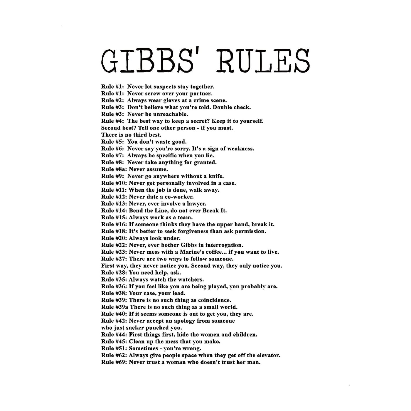 Gibbs' Rules- Funny Office Sign - 11 x 14" Wall Decor Print-Ready to Frame. Humorous Poster Print for Home-Office-Studio-Bar-Garage. Great Desk & Cubicle Sign. Perfect Novelty Gift for NCIS Fans!