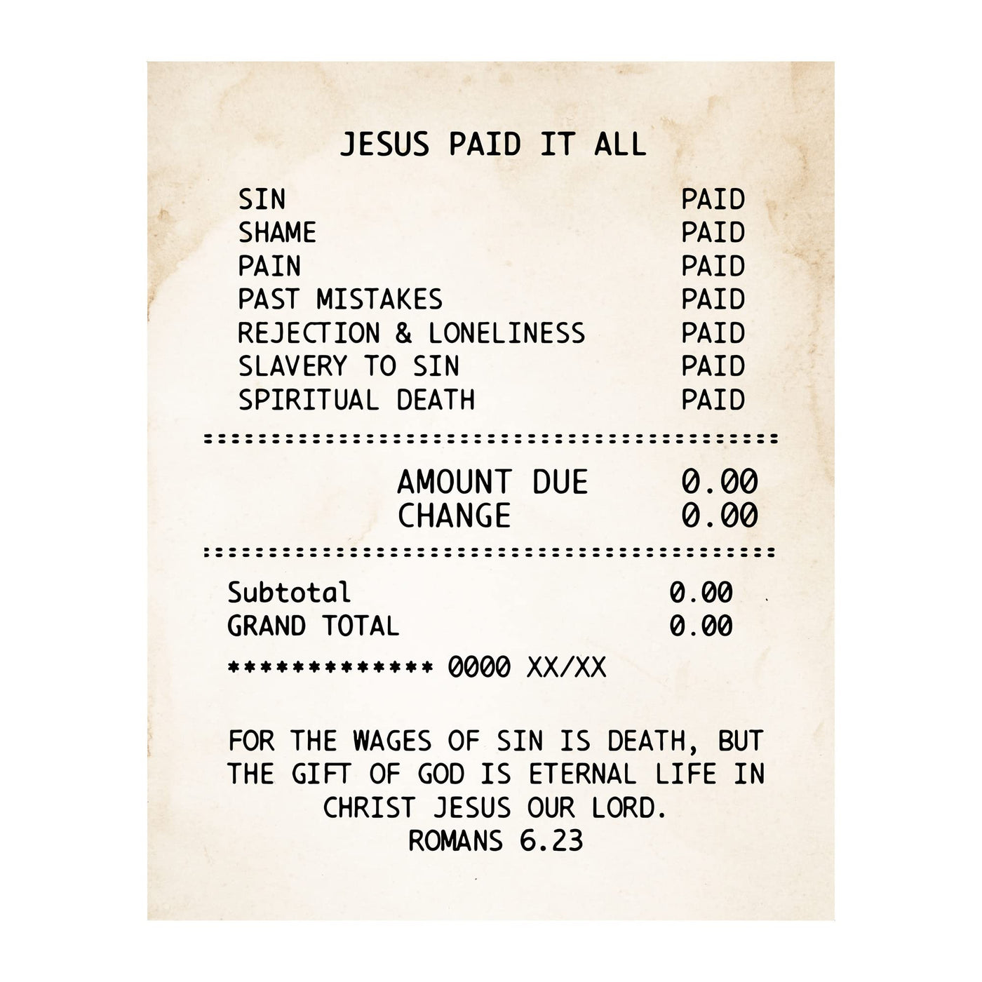 Jesus Paid it All - Christian Wall Art Print, Motivational Receipt Design for Living Room, Office, Bedroom, or Home Decor - 8x10 White Oak Framed Inspirational Wall Decor Print