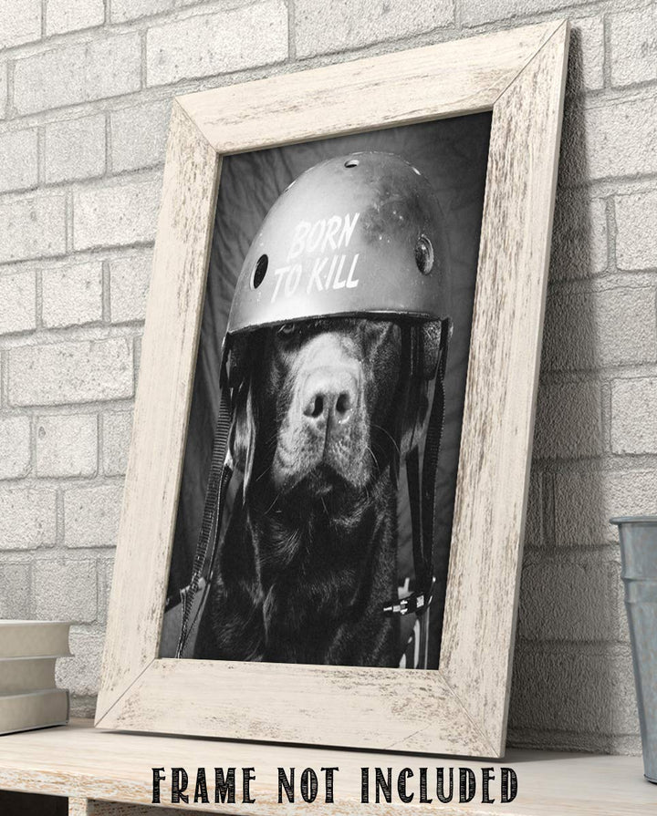 Born To Kill- Funny Dog Poster Print- 8 x 10" Print Wall Art- Ready to Frame. Retro Black &amp; White Photography Print of Humorous Helmeted Dog for Home-Office-Garage-Bar-Man Cave D?cor. Great Gift!