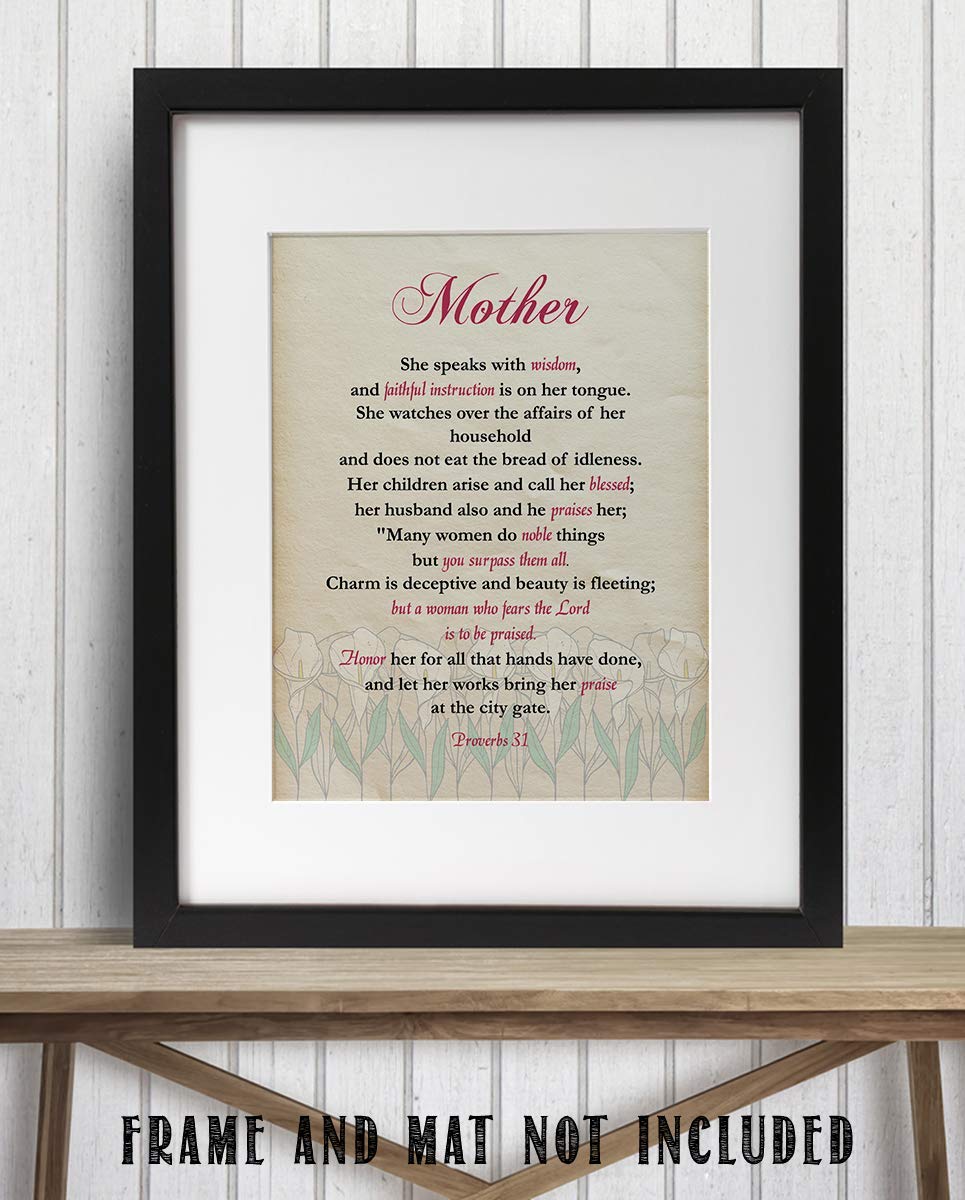 Mother- Honor &amp; Praise Proverbs 31- Bible Verse Art-8 x 10 Scripture Wall Art-Ready to Frame. Modern Typographic Floral Print. Home-Office D?cor. Lifetime Keepsake Gift for Any Mother &amp; In-Laws.