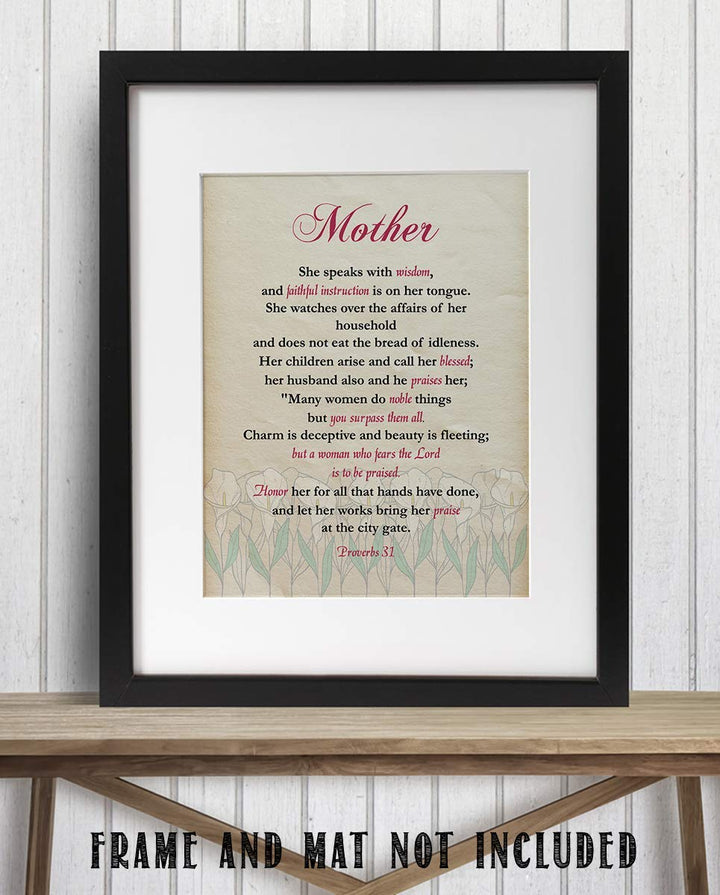 Mother- Honor &amp; Praise Proverbs 31- Bible Verse Art-8 x 10 Scripture Wall Art-Ready to Frame. Modern Typographic Floral Print. Home-Office D?cor. Lifetime Keepsake Gift for Any Mother &amp; In-Laws.