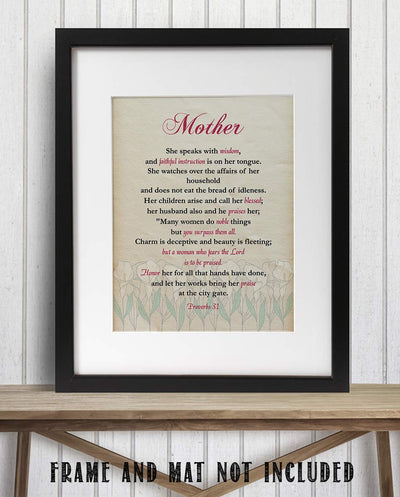 Mother- Honor & Praise Proverbs 31- Bible Verse Art-8 x 10 Scripture Wall Art-Ready to Frame. Modern Typographic Floral Print. Home-Office D?cor. Lifetime Keepsake Gift for Any Mother & In-Laws.