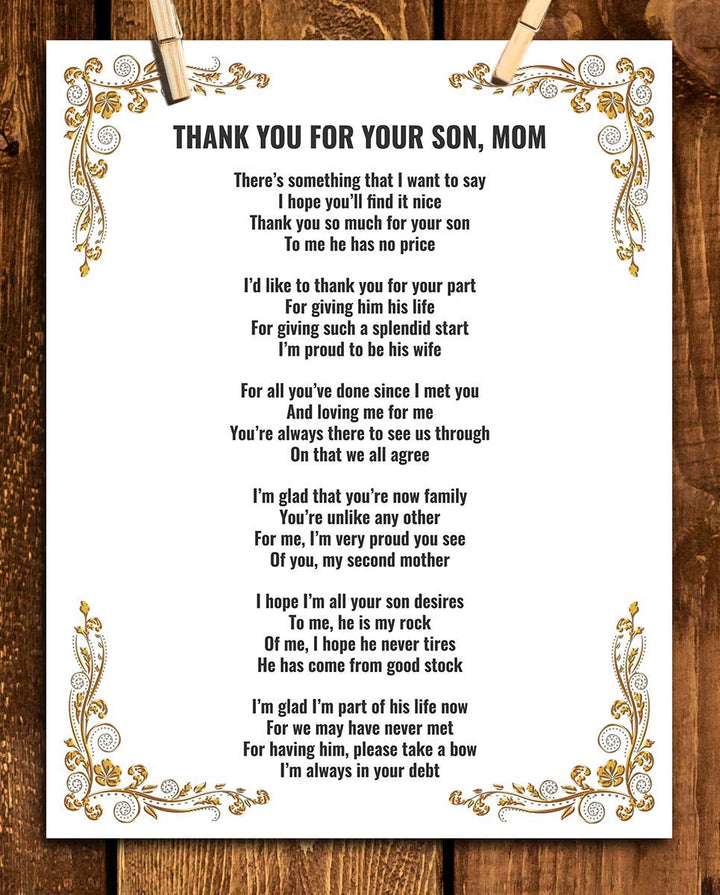 Thank You For Your Son, Mom- 8 x 10"-Wall Art Print-Ready to Frame. Simple, Heartfelt Loving Message Saying Thank You-Great Job! Perfect Keepsake Wedding Gift for Mother-in-Law. Mothers Will Love!