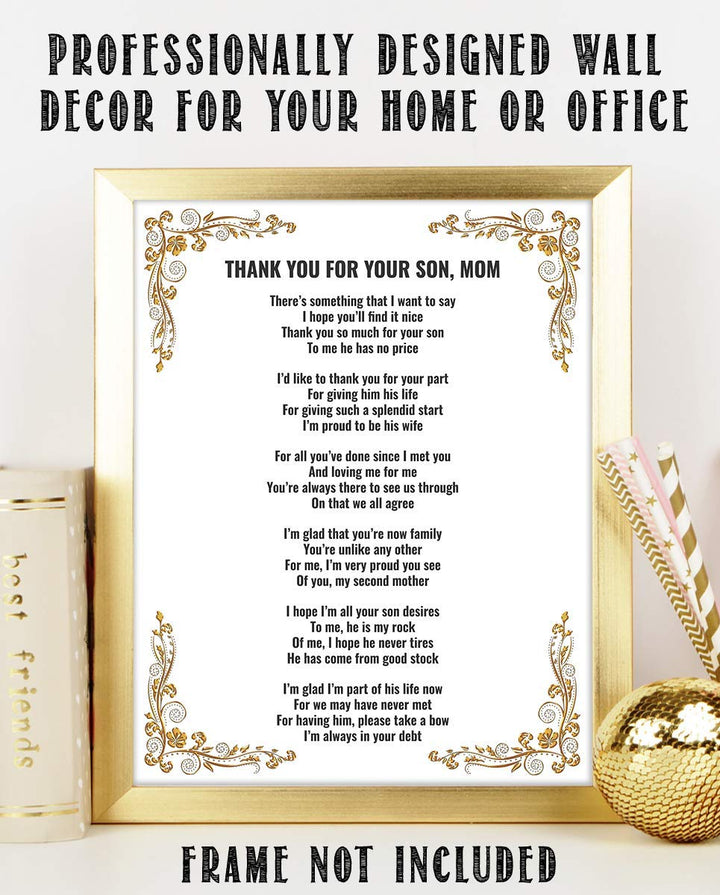 Thank You For Your Son, Mom- 8 x 10"-Wall Art Print-Ready to Frame. Simple, Heartfelt Loving Message Saying Thank You-Great Job! Perfect Keepsake Wedding Gift for Mother-in-Law. Mothers Will Love!
