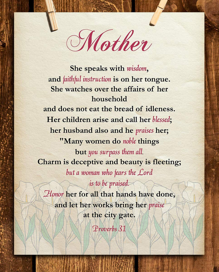 Mother- Honor &amp; Praise Proverbs 31- Bible Verse Art-8 x 10 Scripture Wall Art-Ready to Frame. Modern Typographic Floral Print. Home-Office D?cor. Lifetime Keepsake Gift for Any Mother &amp; In-Laws.