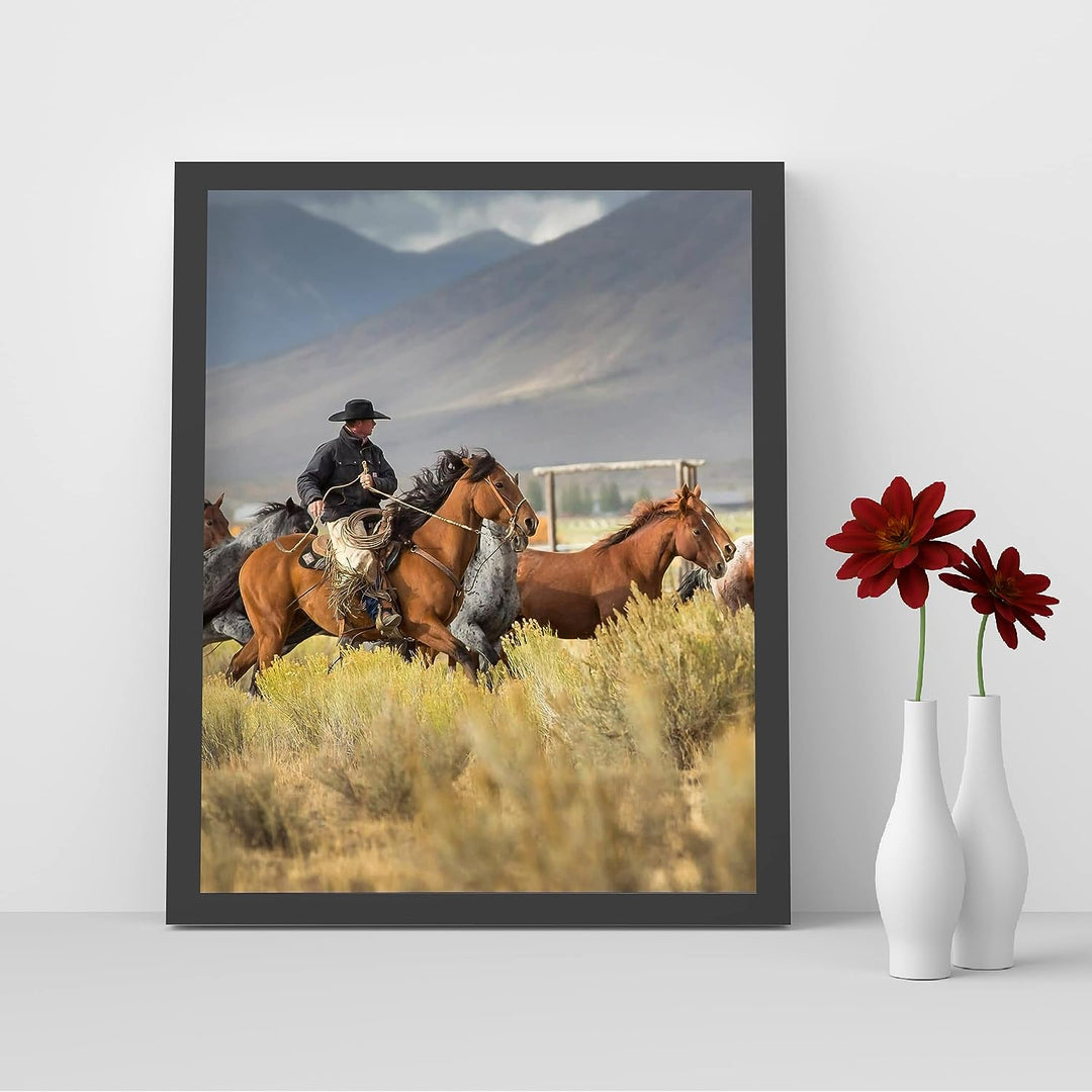 Cowboy Rounding Up Horses- Western Wall Art Sign- 10 x 8"- Mountain Landscape Photo Print -Ready to Frame. Country Rustic Decor for Home-Lodge-Camp-Cabin. Great Gift for Cowboys &amp; Horse Lovers!