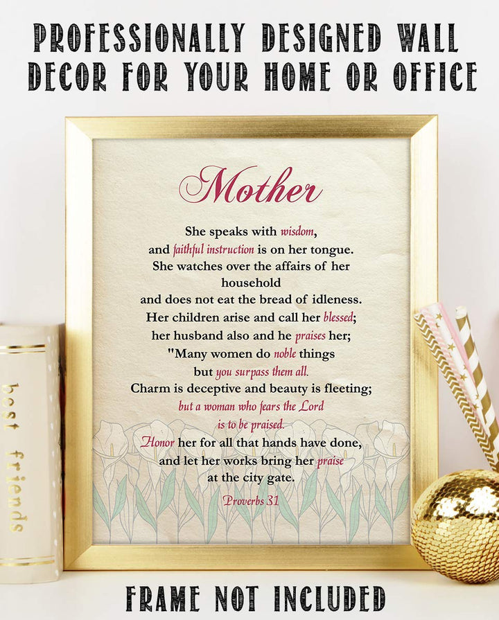 Mother- Honor &amp; Praise Proverbs 31- Bible Verse Art-8 x 10 Scripture Wall Art-Ready to Frame. Modern Typographic Floral Print. Home-Office D?cor. Lifetime Keepsake Gift for Any Mother &amp; In-Laws.