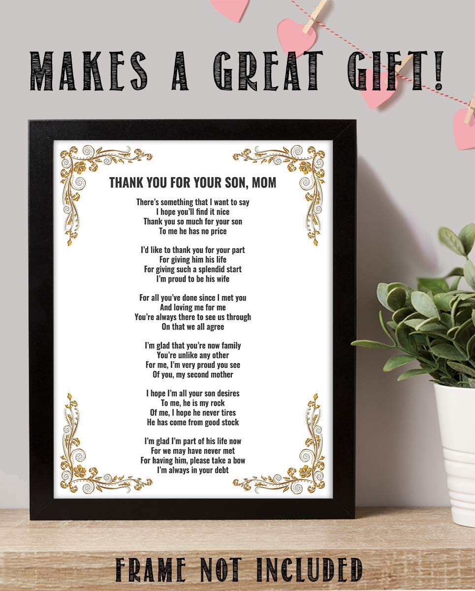 Thank You For Your Son, Mom- 8 x 10"-Wall Art Print-Ready to Frame. Simple, Heartfelt Loving Message Saying Thank You-Great Job! Perfect Keepsake Wedding Gift for Mother-in-Law. Mothers Will Love!