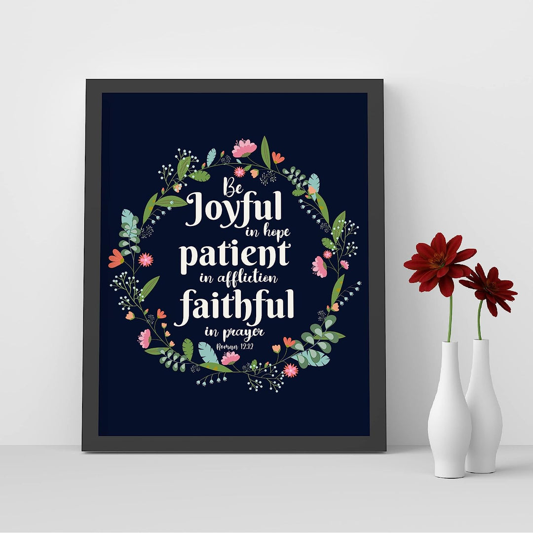 Be Joyful In Hope-Patient-Faithful-Bible Verse Wall Art -8 x 10" Floral Typographic Poster Print-Ready to Frame. Inspirational Christian Decor for Home-Office-Church &amp; Religious Gifts! Romans 12:12