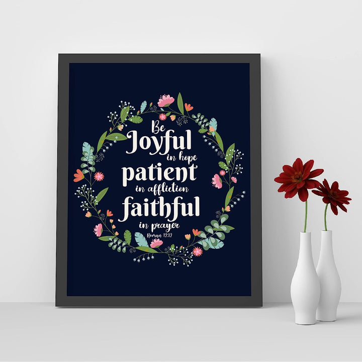 Be Joyful In Hope-Patient-Faithful-Bible Verse Wall Art -8 x 10" Floral Typographic Poster Print-Ready to Frame. Inspirational Christian Decor for Home-Office-Church &amp; Religious Gifts! Romans 12:12