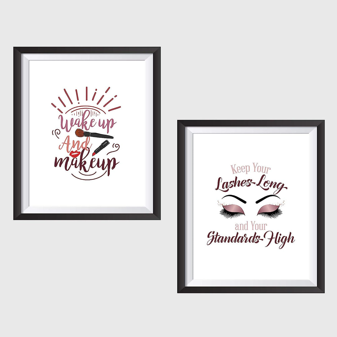 Wake Up &amp; Make Up &amp;"Keep Your Lashes Long-Standards High" Funny Bathroom Sign Set (2)- 8 x 10" Wall Art Prints-Ready to Frame. Home-Girls Bedroom-Bathroom Decor. Perfect Vanity-Salon Decorations!