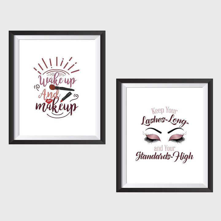 Wake Up &amp; Make Up &amp;"Keep Your Lashes Long-Standards High" Funny Bathroom Sign Set (2)- 8 x 10" Wall Art Prints-Ready to Frame. Home-Girls Bedroom-Bathroom Decor. Perfect Vanity-Salon Decorations!