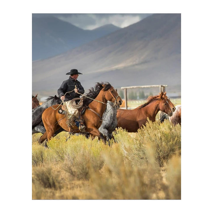 Cowboy Rounding Up Horses- Western Wall Art Sign- 10 x 8"- Mountain Landscape Photo Print -Ready to Frame. Country Rustic Decor for Home-Lodge-Camp-Cabin. Great Gift for Cowboys &amp; Horse Lovers!