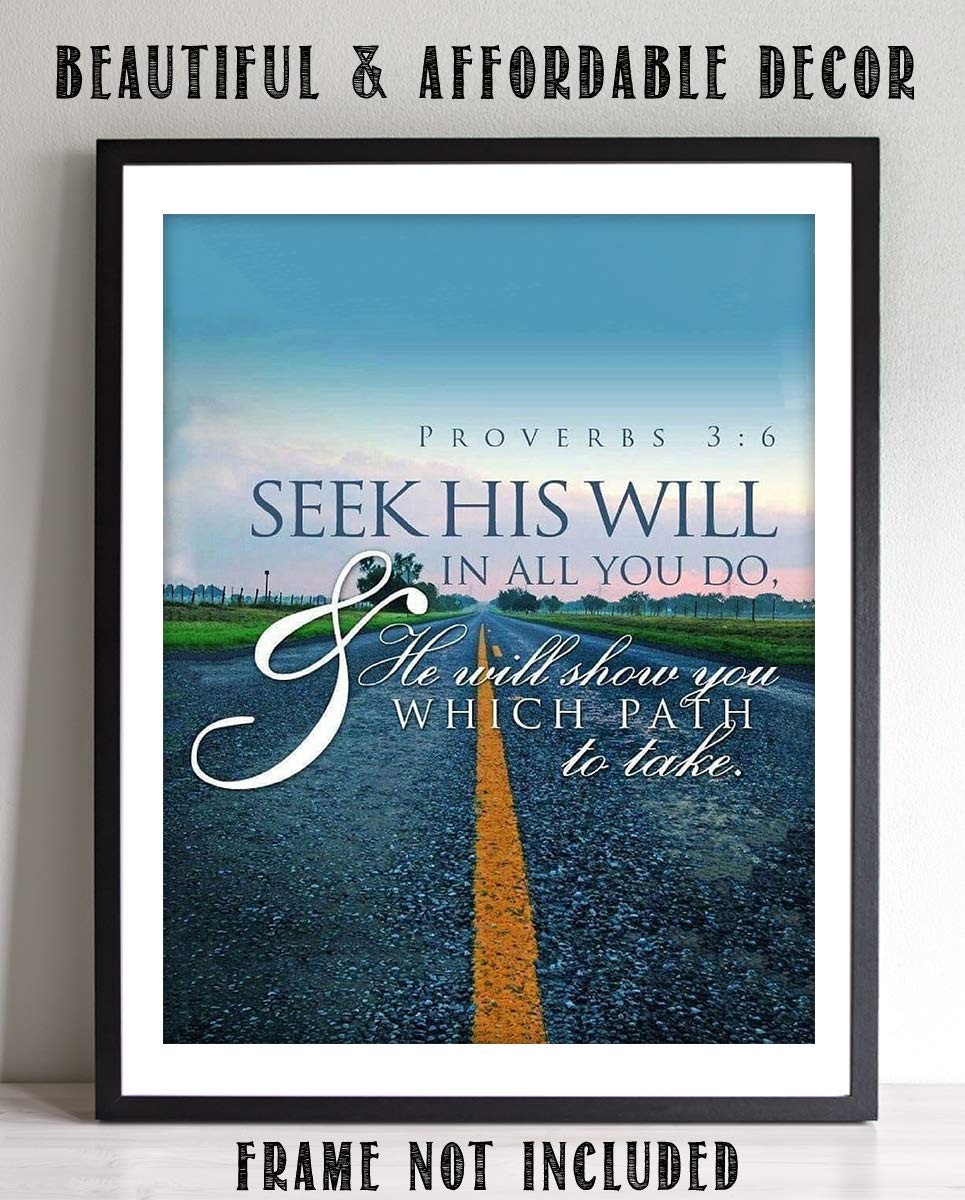 Seek His Will, He Will Show You Path Proverbs 3:6- Bible Verse Wall Art-8x10"- Modern Typographic Design Print. Scripture Poster Print-Ready to Frame. Home-Office-Church D?cor. Great Christian Gift.