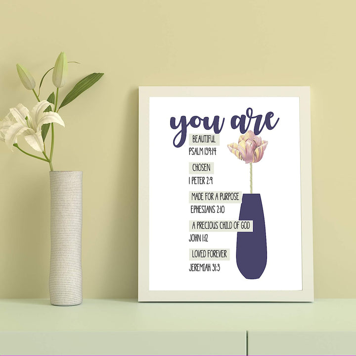 You ARE Beautiful-Chosen-Loved Bible Verse Collection-Wall Art-8x10"-Scripture Wall Print-Ready to Frame. Modern Art Floral Design. Home Decor-Office D?cor-Christian Gifts. Remind Her She&