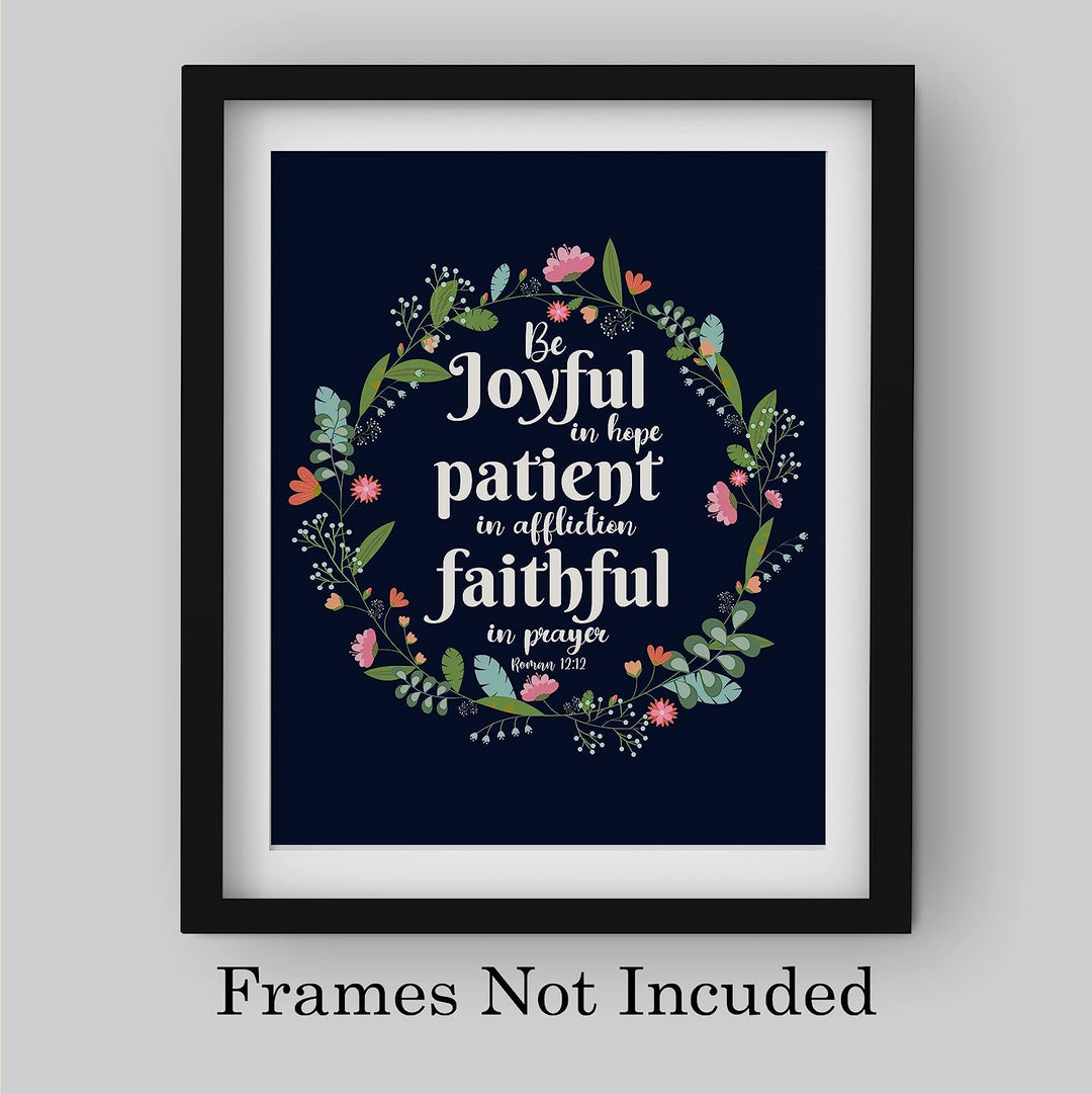 Be Joyful In Hope-Patient-Faithful-Bible Verse Wall Art -8 x 10" Floral Typographic Poster Print-Ready to Frame. Inspirational Christian Decor for Home-Office-Church &amp; Religious Gifts! Romans 12:12