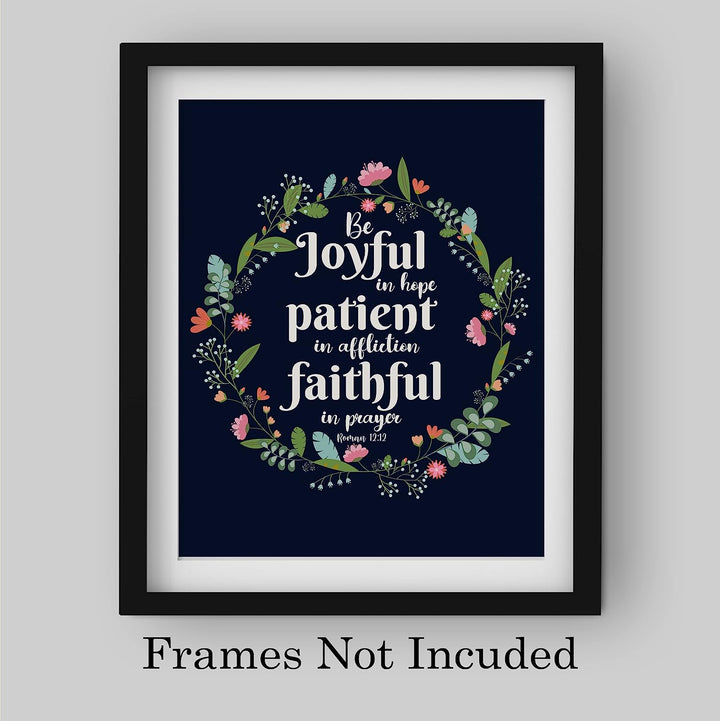 Be Joyful In Hope-Patient-Faithful-Bible Verse Wall Art -8 x 10" Floral Typographic Poster Print-Ready to Frame. Inspirational Christian Decor for Home-Office-Church &amp; Religious Gifts! Romans 12:12