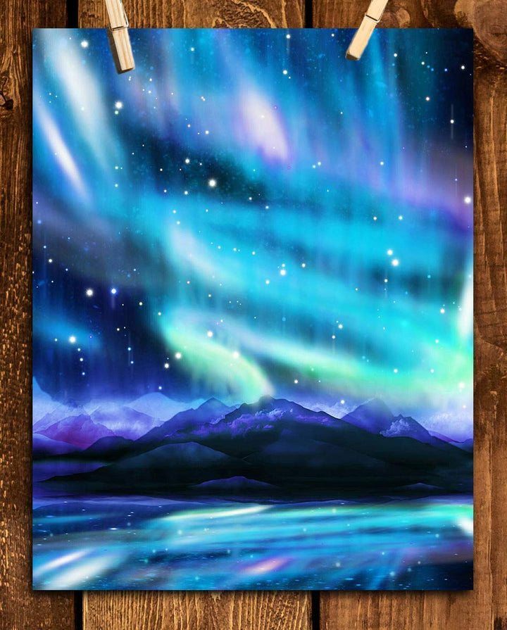 Northern Lights &amp; Stars Wall Art- Mountain View with Stars &amp; Aurora Borealis- 8 x 10" Wall Art Prints- Ready to Frame. Home D?cor, Office Decor &amp; Kids Bedroom Wall Decor. Beautiful Natural Art Print.