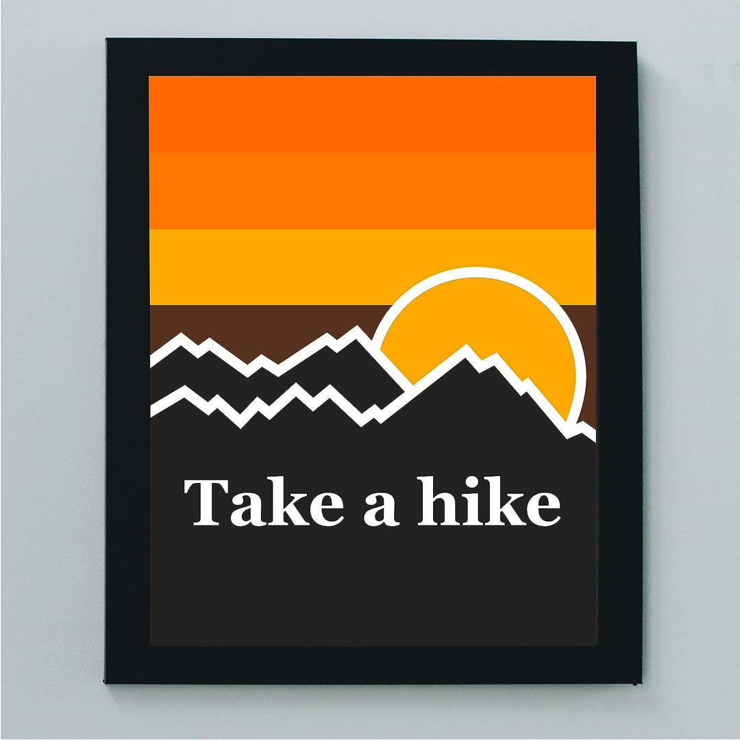 Take A Hike- Rustic Cabin Wall Decor -8 x 10" Retro Sunset Mountains Print-Ready to Frame. Perfect Wall Decor for Lake House-Lodge. Humorous Reminder to Get Out &amp; Enjoy the Great Outdoors!