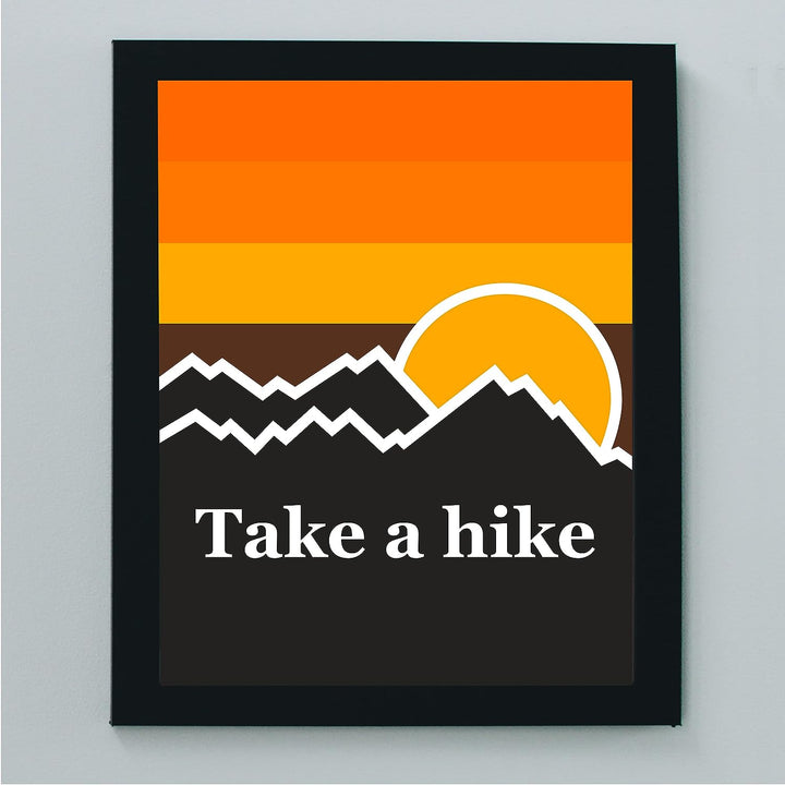 Take A Hike- Rustic Cabin Wall Decor -8 x 10" Retro Sunset Mountains Print-Ready to Frame. Perfect Wall Decor for Lake House-Lodge. Humorous Reminder to Get Out &amp; Enjoy the Great Outdoors!