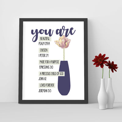 You ARE Beautiful-Chosen-Loved Bible Verse Collection-Wall Art-8x10"-Scripture Wall Print-Ready to Frame. Modern Art Floral Design. Home Decor-Office D?cor-Christian Gifts. Remind Her She's Special!