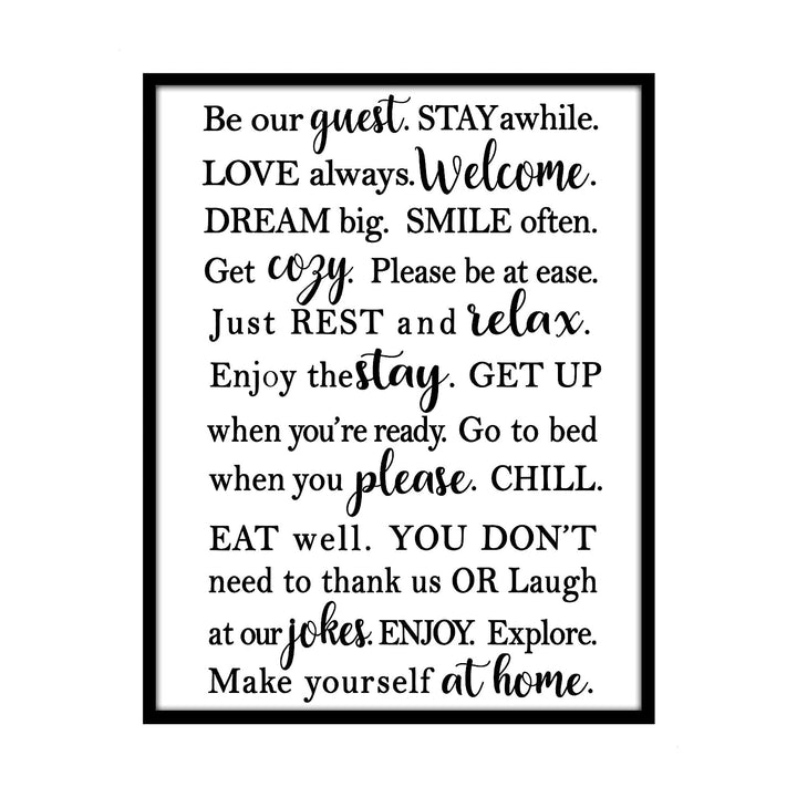 Be Our Guest-Stay Awhile- Welcome Sign Wall Art -11 x 14" Modern Typographic Poster Print-Ready to Frame. Perfect Home-Guest Room-Cabin-B&amp;B-Lake-Beach House Decor. Inviting Message for Guests!