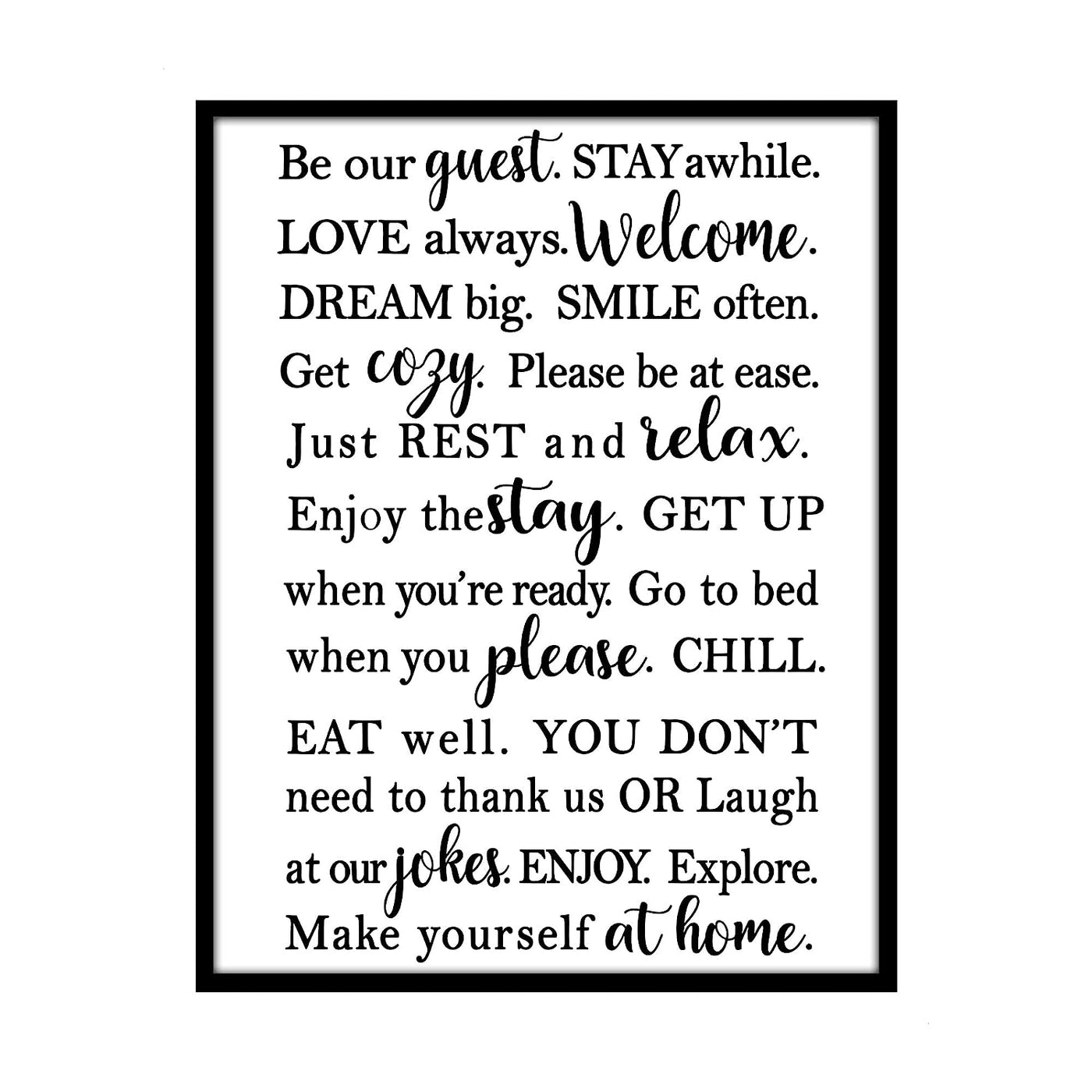 Be Our Guest-Stay Awhile- Welcome Sign Wall Art -11 x 14" Modern Typographic Poster Print-Ready to Frame. Perfect Home-Guest Room-Cabin-B&B-Lake-Beach House Decor. Inviting Message for Guests!