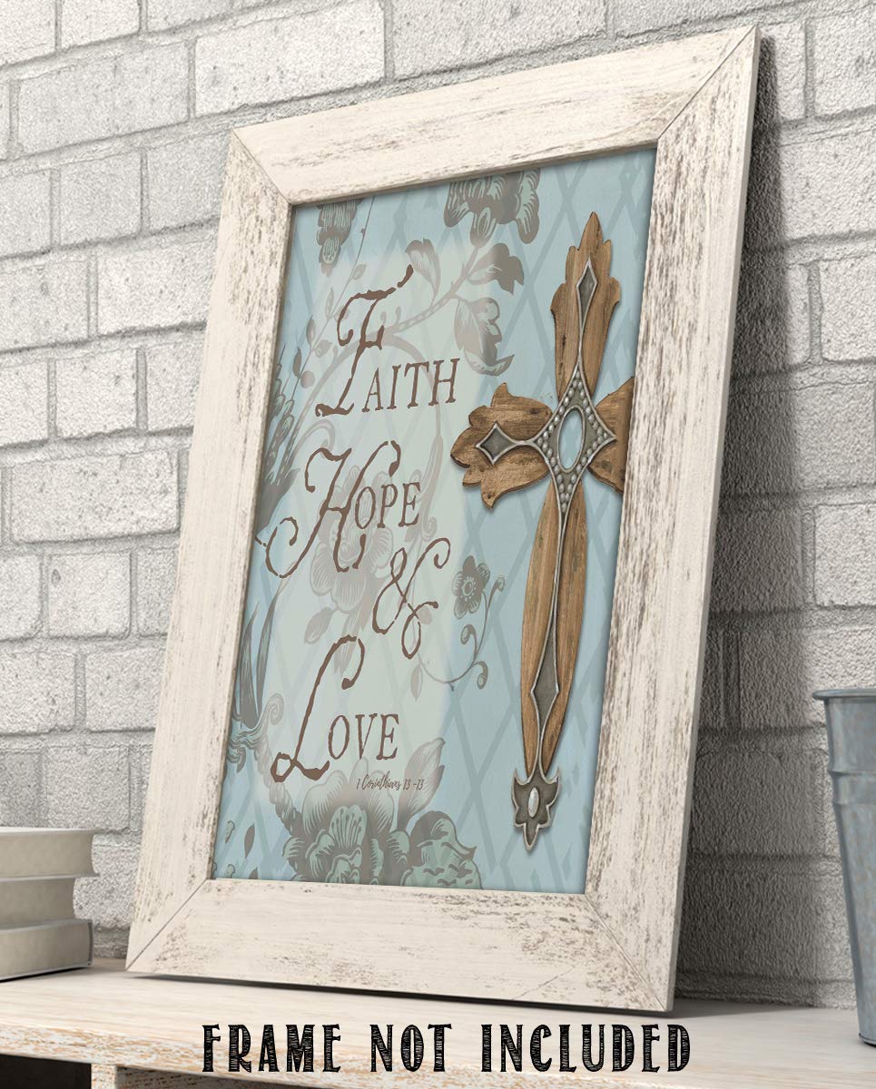 Faith, Hope &amp; Love-1 Corinthians 13:13- Bible Verse Wall Art- 8x10"- Scripture Wall Print-Ready to Frame. Elegant Typographic &amp; Floral Design. Home, Church &amp; Office D?cor. Perfect Christian Gift.