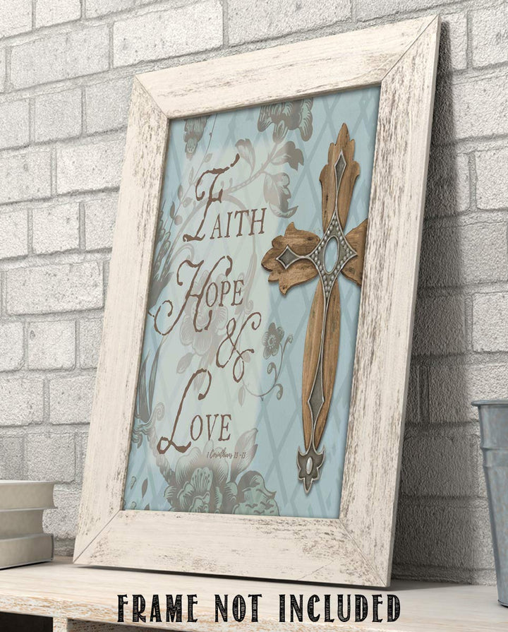 Faith, Hope &amp; Love-1 Corinthians 13:13- Bible Verse Wall Art- 8x10"- Scripture Wall Print-Ready to Frame. Elegant Typographic &amp; Floral Design. Home, Church &amp; Office D?cor. Perfect Christian Gift.