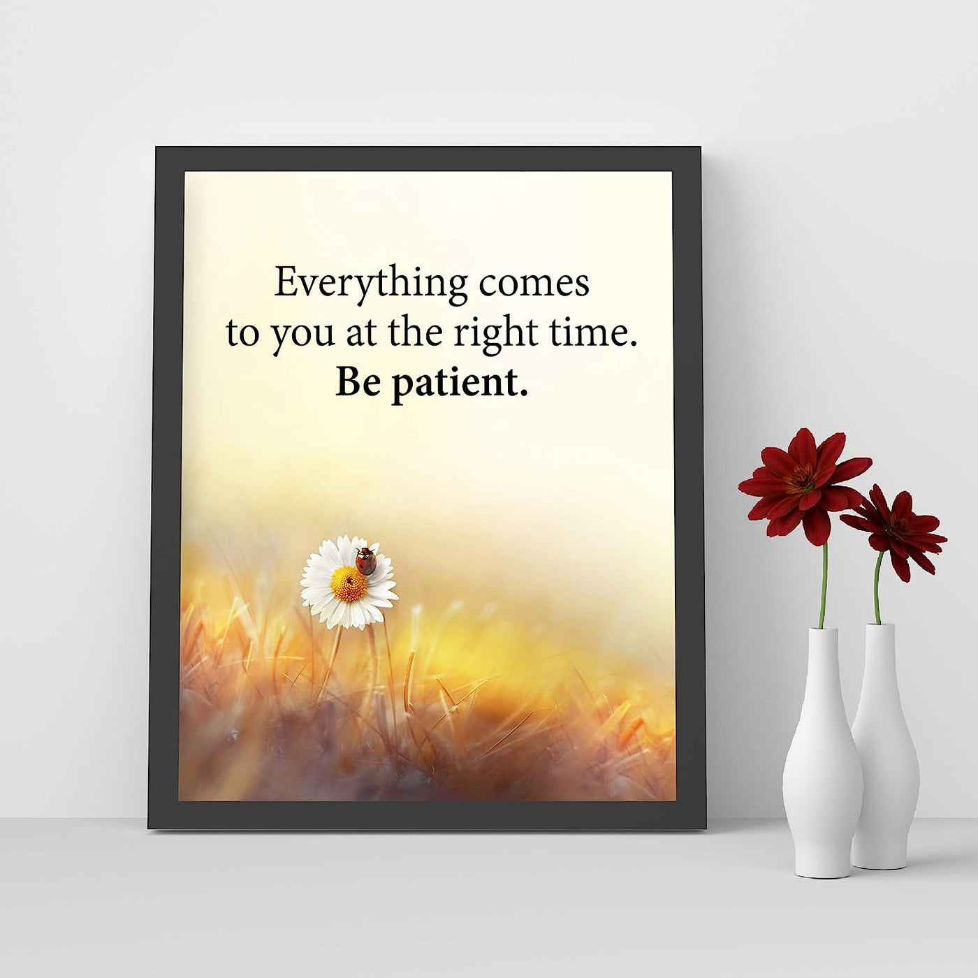 Everything Comes to You at the Right Time Inspirational Quotes Wall Art -8 x 10" Floral Print w/Ladybug Image-Ready to Frame. Motivational Home-Office-School-Dorm Decor. Great Gift of Inspiration!