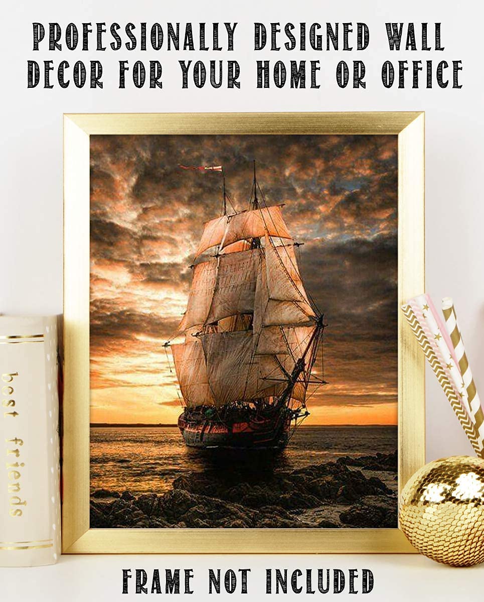 Blackbeards Pearl Pirate Ship- 8 x10" Wall Art Print- Ready To Frame. Great Mens Gift- Home Decor- Office Decor. Great for Man Cave- Rec Room-Study. Beautiful Clipper Ship & Sailing Art.