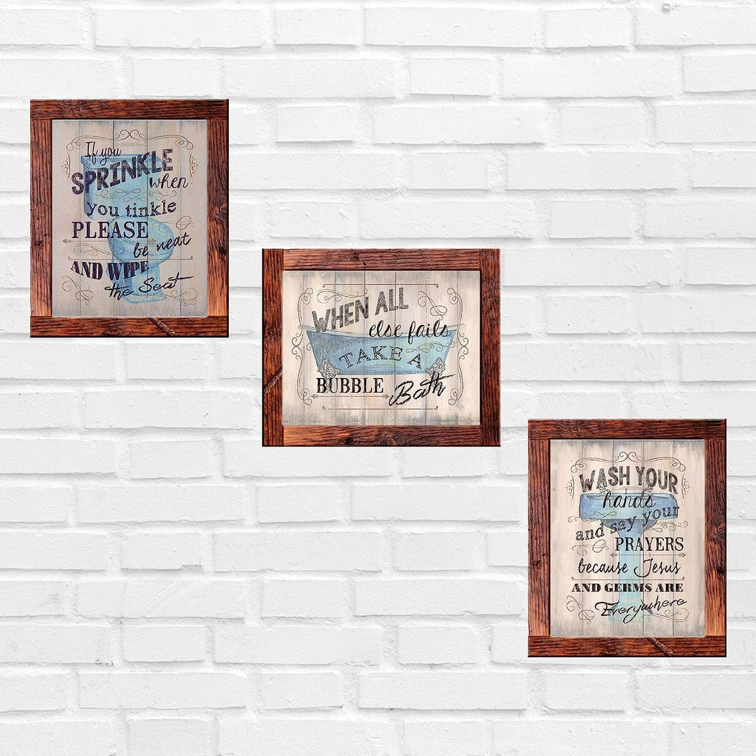 Bathroom"Humor" Funny Bathroom Decor Set (3) 8 x10"s Wall Decor. Rustic, Distressed Wall Prints-Ready To Frame."Tinkles, Prayers &amp; Bubbles"-Wood Sign Replicas. Fun Reminders For Kids-Guest Bath.